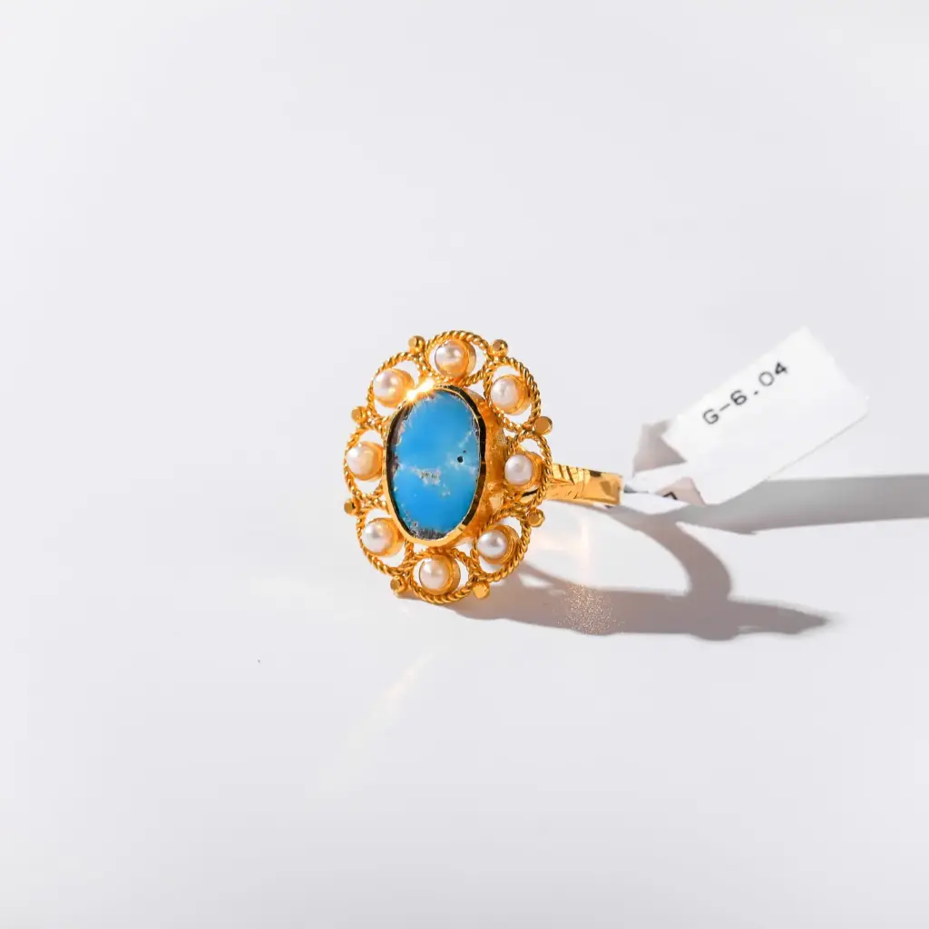 خاتم مطعم بحجر الفيروز و اللؤلؤ الطبيعي 